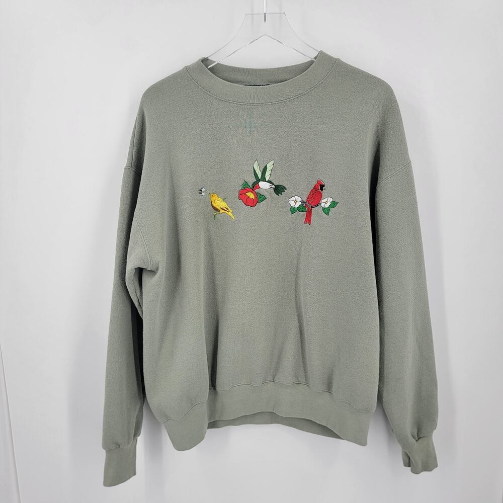 JanSport Sweatshirt Womens Large Embroidered Birds Sage Green Pullover Vintage